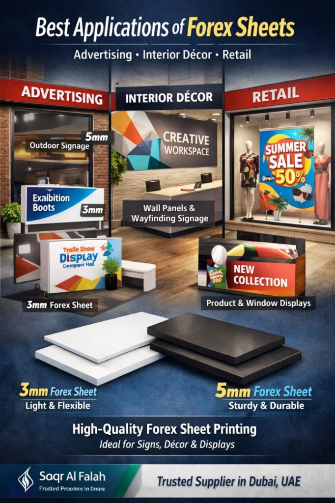 Best applications of forex sheets showing advertising signage, interior décor wall panels, and retail window displays using 3mm forex sheet and 5mm forex sheet with high-quality forex sheet printing, featuring Saqr Al Falah as trusted forex sheet supplier in Dubai UAE.