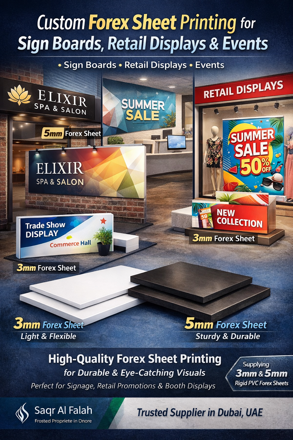 Custom forex sheet printing for sign boards, retail displays, and events featuring 3mm forex sheet and 5mm forex sheet with high-quality printed signage, shop fascias, exhibition panels, and retail window graphics by Saqr Al Falah, trusted forex sheet supplier in Dubai UAE.