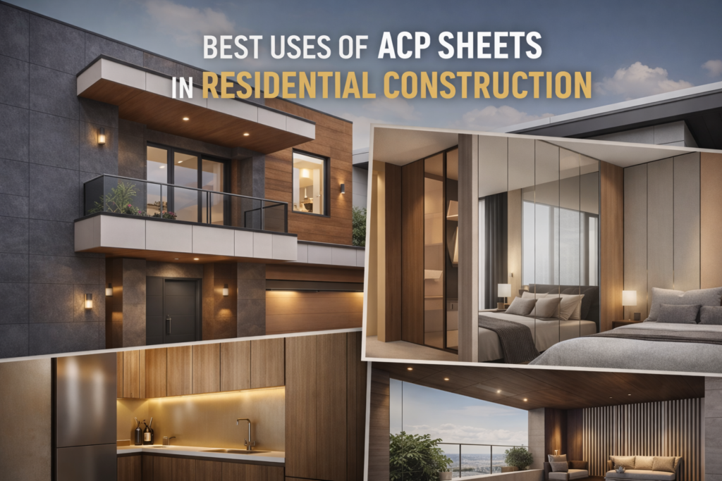 Modern home showcasing ACP sheet applications including exterior wall cladding, mirrored wardrobe panels, sleek kitchen cabinets, and contemporary balcony design