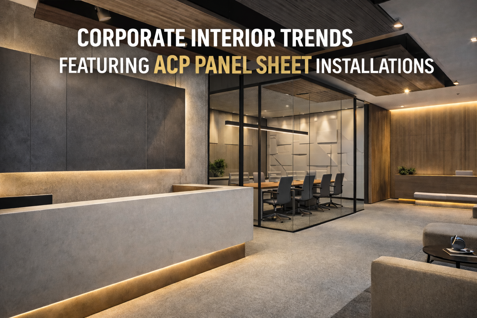 Modern corporate office interior featuring ACP panel sheet installations, minimalist reception desk with warm lighting, glass conference room, and sleek wall panels
