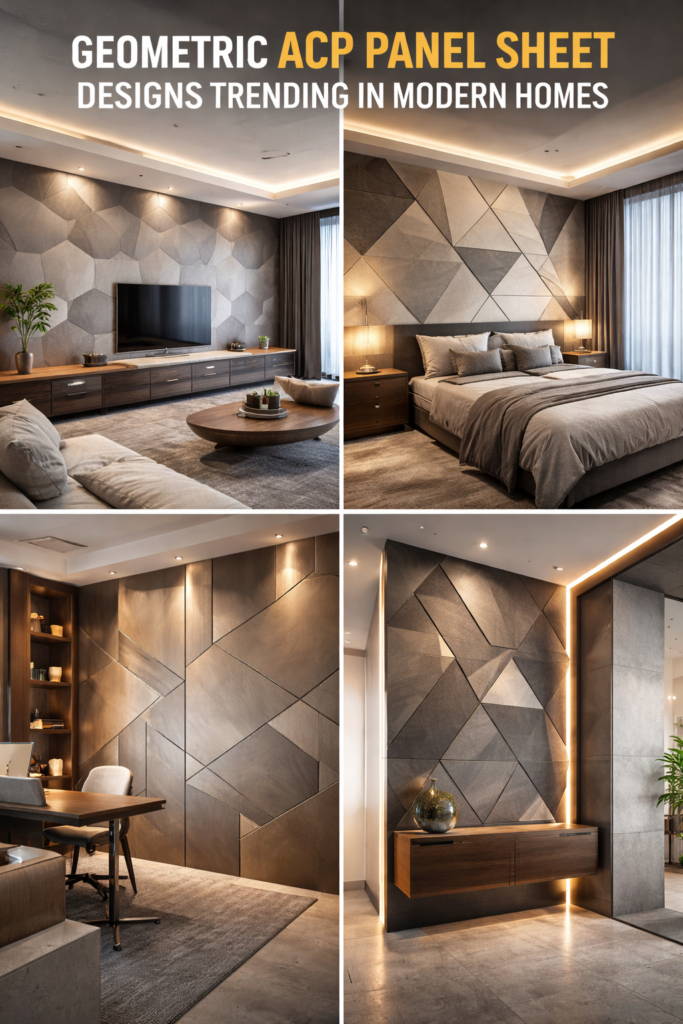 Four diferent modern home interiors showcasing geometric ACP panel sheet designs, including hexagonal and angular feature walls in living room, bedroom, home office, and hallway with warm ambient lighting
