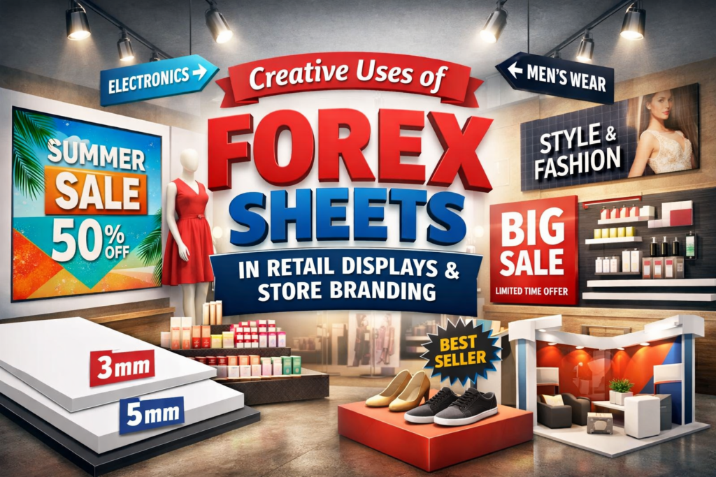 Retail store displays using forex sheet signage in Dubai including 3mm forex sheet and 5mm forex sheet for promotional boards, wall branding, and product display signage