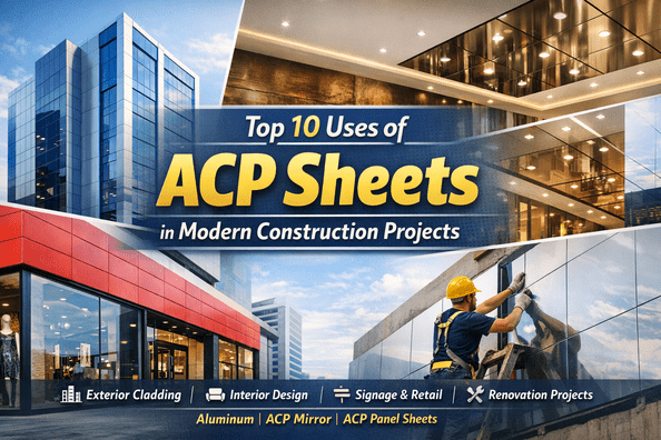 Modern construction design featuring ACP sheets used for exterior cladding, interior ceilings, retail storefronts, and building facades, highlighting the blog “Top 10 Uses of ACP Sheets in Modern Construction Projects” with applications of aluminum ACP sheet, ACP mirror sheet, and ACP panel sheet from ACP sheet suppliers in Dubai.